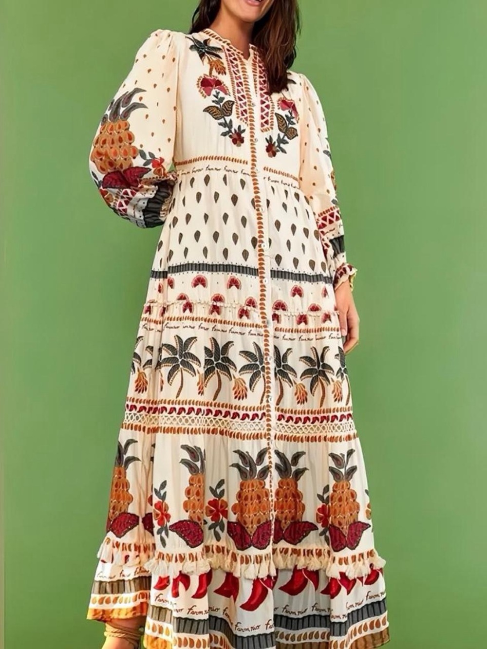 NWT FARM RIO Off White Made in Brazil Embroidered Beaded Maxi Tiered Dress